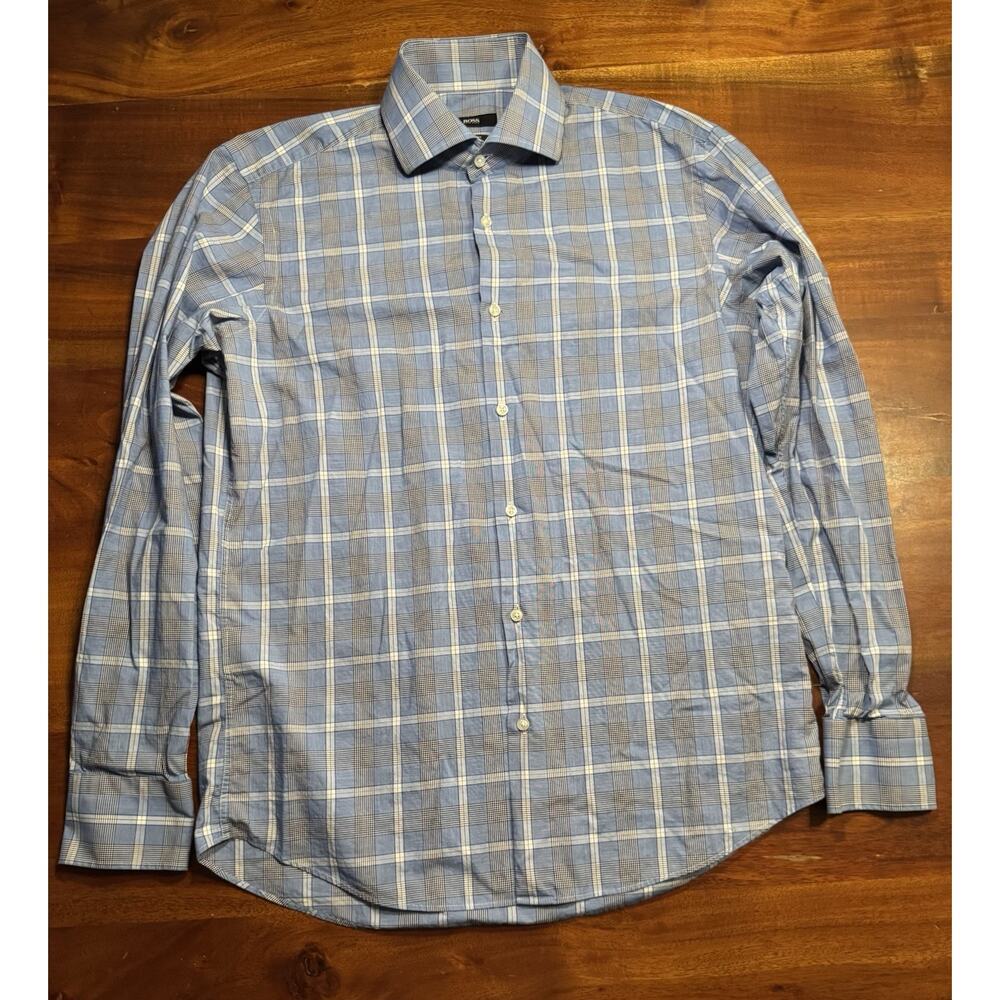 Hugo Boss Regular Fit Mens Blue Plaid Long sleeve Button dress Shirt Sz 15.5